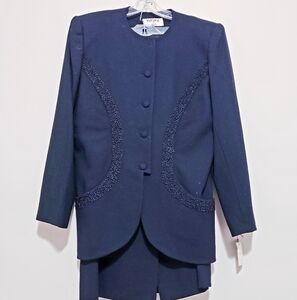 Vintage Kasper ASL Pure Wool Skirt Suit Black 90s Embroidered NEW Size 14 90s